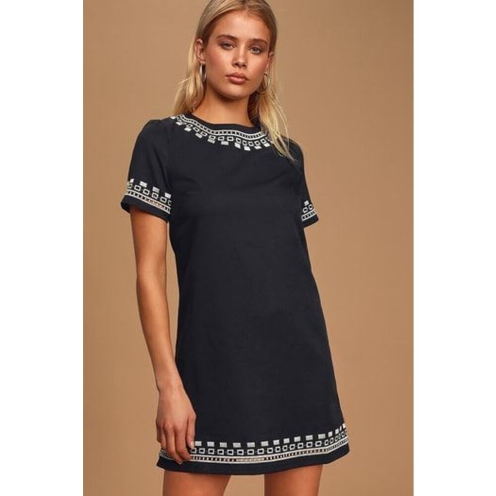 Lulus Women Large Black Shift Dress White Embroidered Trim Short Sleeve Boho NWT